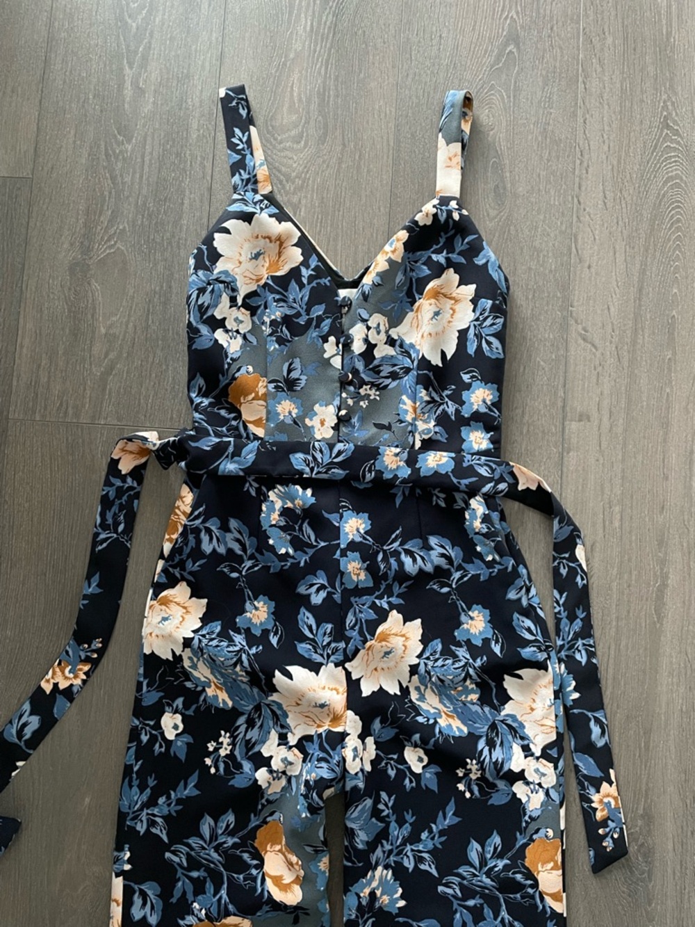 Floral V-Neck Navy Jumpsuit with Belt Aritzia Little Moon 00 XS jumper romper - Picture 3 of 7